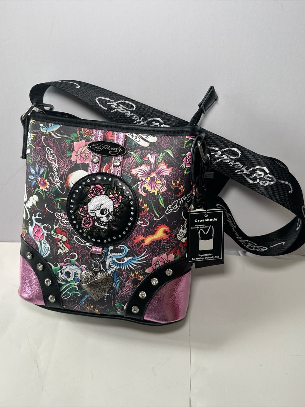 Ed Hardy Skull Floral Crossbody Bag Studded Pink Black Tattoo Print New